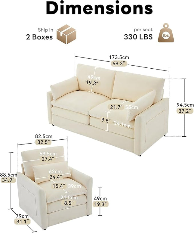 Tbfit Living Room Furniture Set, Loveseat Couch & Accent Chair, Modern Comfy Cloud Sofa Set, Spring Seat Cushions, Chenille Fabric, Beige