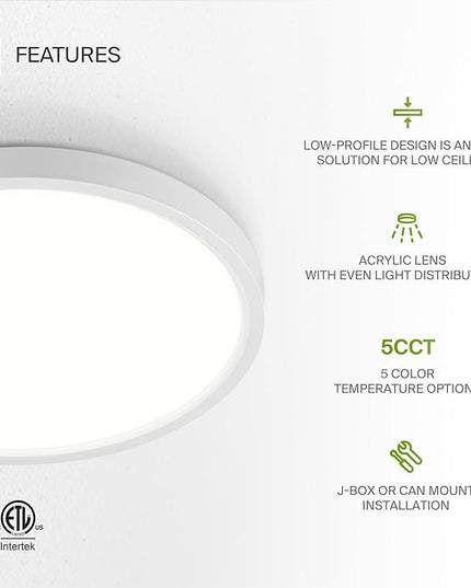 ASD LED 9" Round Flush Mount Ceiling Light Fixture, Low Profile Surface Lighting | 5CCT, Dimmable, Ultra-Thin, ETL Listed | 18W 1660LM 2700-6000K 120V | Kitchen, Bedroom, Hallway Lamp | White, 12 Pack