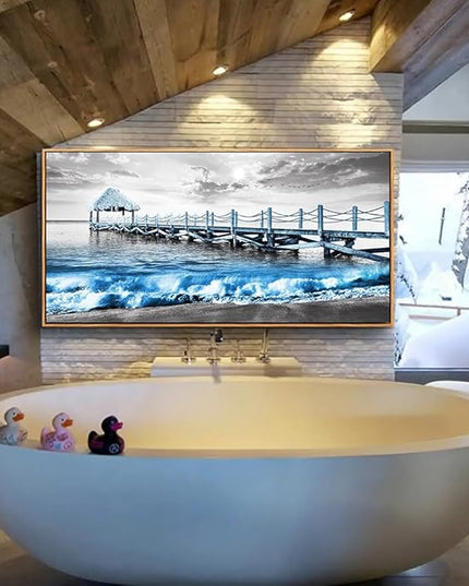 Wapluam Large Framed Canvas Wall Art For Living Room, Office, Bedroom - Black And White Beach, Blue Ocean Sea Wave Wall Pictures - 30" x 60"