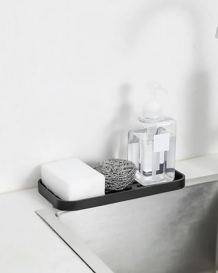 Silicone Kitchen Sink Organizer Tray for Multiple Usage,Eco-Friendly Sponges Holder for Kitchen Bathroom Counter or Sink,Dish Soap Dispenser,Scrubber,Bottle,Cup (Black, 10"×5.3")
