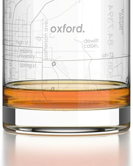 Well Told Engraved Oxford Ohio Map Rocks Glass, Old Fashioned Glassware (11 oz, Clear) Etched Bourbon Tumbler, Gifts For Whiskey Lovers
