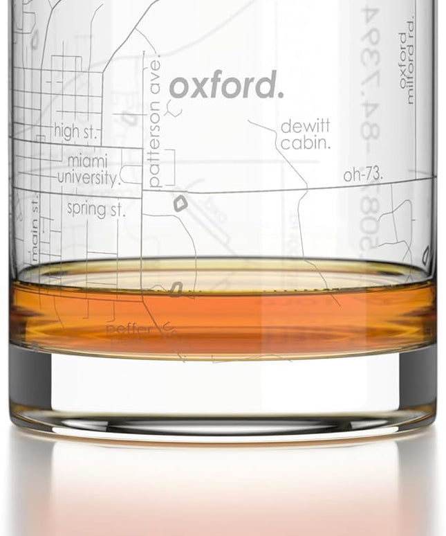 Well Told Engraved Oxford Ohio Map Rocks Glass, Old Fashioned Glassware (11 oz, Clear) Etched Bourbon Tumbler, Gifts For Whiskey Lovers
