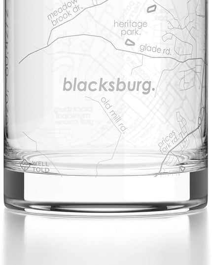 Well Told Engraved Blacksburg Virginia Map Rocks Glass, Old Fashioned Glassware (11 oz, Clear) Etched Bourbon Tumbler, Gifts For Whiskey Lovers