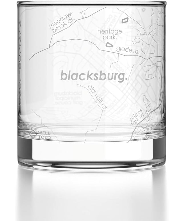 Well Told Engraved Blacksburg Virginia Map Rocks Glass, Old Fashioned Glassware (11 oz, Clear) Etched Bourbon Tumbler, Gifts For Whiskey Lovers