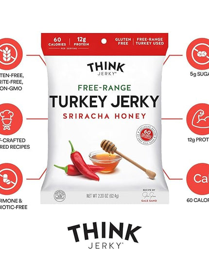 Think Jerky Sriracha Honey Turkey Jerky, Chef Crafted Free Range Turkey, Gluten Free, No Antibiotics or Nitrates, Healthy Chef Crafted Recipe, Low Calorie and Low Fat - 1.0 oz Bags, 8 Pack