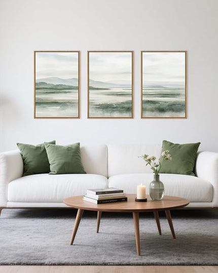 HOURIA Large Watercolor Misty Green Mountain Framed Canvas Wall Art,Neutral Brush Stroke Wall Decor,Modern Landscape Artwork,Nature Minimalist Art Print for Living Room,Bedroom,Office-24 x36 x3