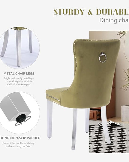 SoarFlash Velvet Dining Chairs Set of 6, Tall Back Side Chair, Modern Upholstered Side Chair with Button Back Ring, Silver Plated Stainless Steel Legs (Olive Green)