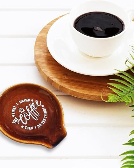 Funny Coffee Quote First I Drink The Coffee Then I Do The Things Ceramic Spoon Holder-Brown Coffee Spoon Rest -Cafe Station Bar Accessories