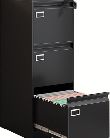 3 Drawer Metal File Cabinet with Lock, Small Locking Filing Cabinets, Vertical File Cabinet with Key, Black Under Desk Filing Cabinets for Home Office