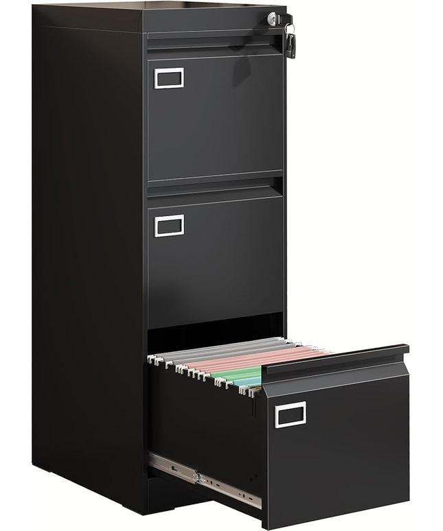 3 Drawer Metal File Cabinet with Lock, Small Locking Filing Cabinets, Vertical File Cabinet with Key, Black Under Desk Filing Cabinets for Home Office