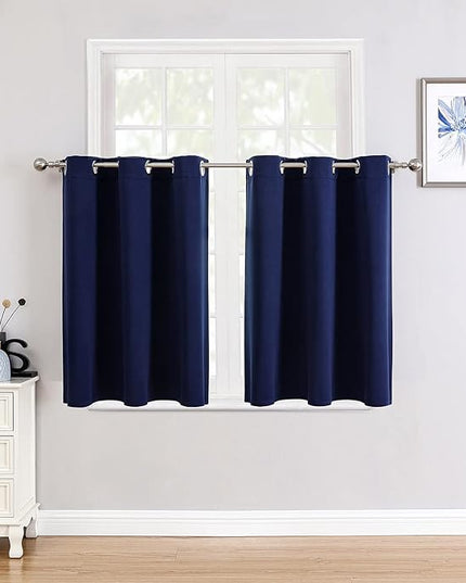 ChrisDowa Small Window Curtains for Kitchen and Bedroom - Grommet Short Thermal Insulated Room Darkening Curtains (2 Panels, Navy Blue, 34 x 36 Inch)