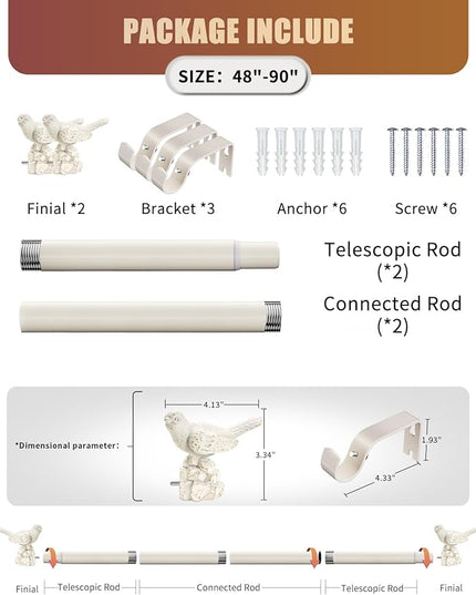 White Curtain Rod 48 to 90 Inches Curtain Rods for Windows Adjustable Heavy Duty Drapery Rod with Bird Finials for Kitchen Window Living Room