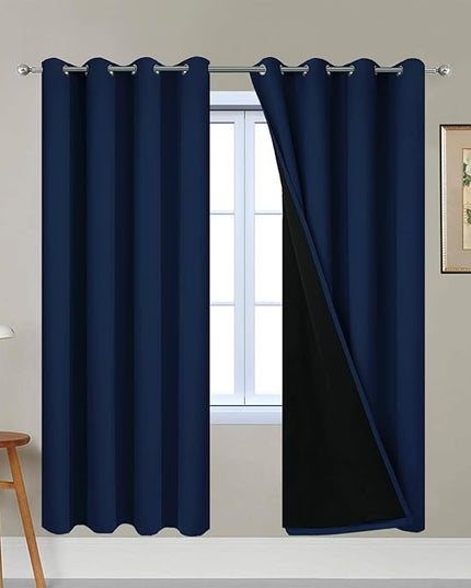 Yakamok 100% Blackout Curtains with Black Liners, Thermal Insulated Full Blackout 2-Layer Lined Drapes Room Darkening Curtain Panel for Bedroom(Navy Blue, 2 Panels, W52 x L72)