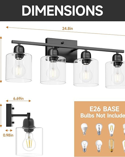 Modern 4 Light Bathroom Light Fixtures, 24 inch Black Vanity Lights for Bathroom with Clear Glass, Bathroom Vanity Light for Mirror Kitchen Living Room Hallway Cabinet Porch