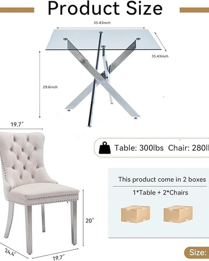 Glass Dining Table Set for 2, Square 36" Dining Table with Silver Cross Metal Leg, 2 Beige Velvet Dining Chairs with Stainless Steel Legs, Modern Glass Kitchen Table and Chairs Set for Small Space