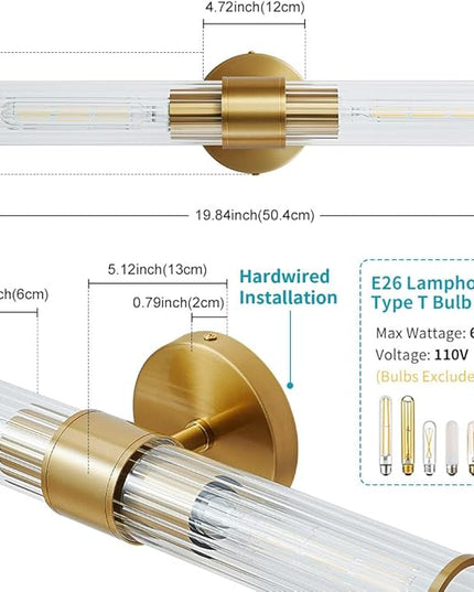Gold Bathroom Light Fixtures 2 Pack, Vanity Lights for Mirror with Threaded Glass Shade, 20 Inch Up and Down Wall Sconces for Bathroom Bedroom Living Room Hallway - Bulb Not Included