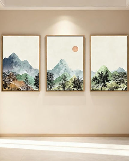 ANHUIB Mountain Wall Art 16x24 Inch Watercolor Landscape Wall Decor Sun Forest Painting Minimalist Pine Tree Artprint Nature Illustration Set of 3 for Living Room Dining Room Office