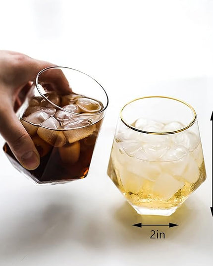 XKXKKE Diamond Wine Glasses Set of 6, 10 OZ Modern Stemless Gold Rim Glass Cups Clear Drinking Glassware for Serving Party, Home, Bar, Restaurants, Transparent 6 Pack