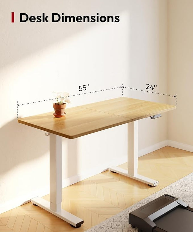 SANODESK Standing Desk Height Adjustable Electric Stand up Desk 55x24 Inches Sit Stand Home Office Desk with Splice Board, White Frame/Maple Top