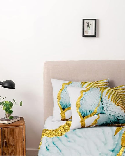 Abstract Ink Colors Design Duvet Cover Set Full Size Gold Leaf Patterned Comforter Covers Twin XL Ink Green/Blue Colors Bed Sets Lxurious Bedroom Deco