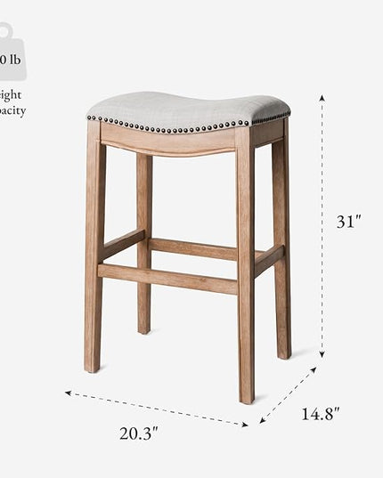 Maven Lane Adrien Backless Bar Stool – 31 Inch Saddle Seat with Footrest – Brown Solid Wood Frame & Natural Fabric Upholstery – Ideal for Bars, Pub Tables & Tall Kitchen Counters