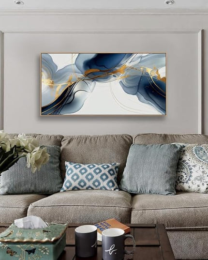 HUADAOART Wall Art Abstract Painting Modern Art Gold and Blue Background Canvas Prints Pictures for Living Room Bedroom Artwork Home Decor Framed 20x40inch (Blue)
