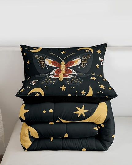 Sun Moon Kids Comforter Set Queen Size,Starry Sky Galaxy Trippy Bohemia Bedding Set,Boys Girls Adults Room Decor,Death Moth Boho Exotic Down Comforter,Colorful Retro Duvet Insert,2 Pillowcases