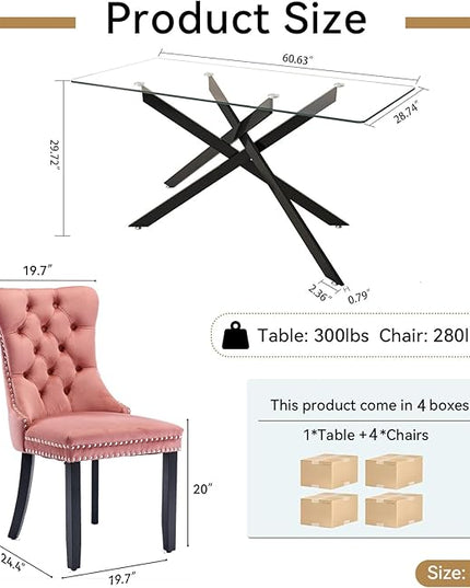 Modern 5-Piece Glass Dining Table Set for 4, Modern 60" Rectangle Black Glass Dining Room Table Set with Pink Velvet Tufted Chairs Wood Legs for Kitchen Dining Room