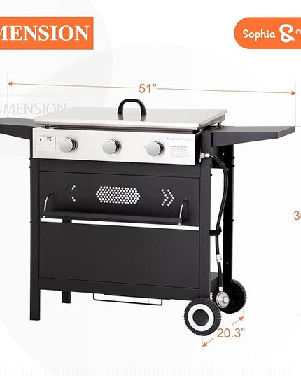Sophia & William 28-Inch Flat Top Grill with Ceramic Coated Cast Iron Griddle, 3-Burner Propane Gas BBQ Griddle, Portable Outdoor Barbecue Grill,33,000 BTU,Black