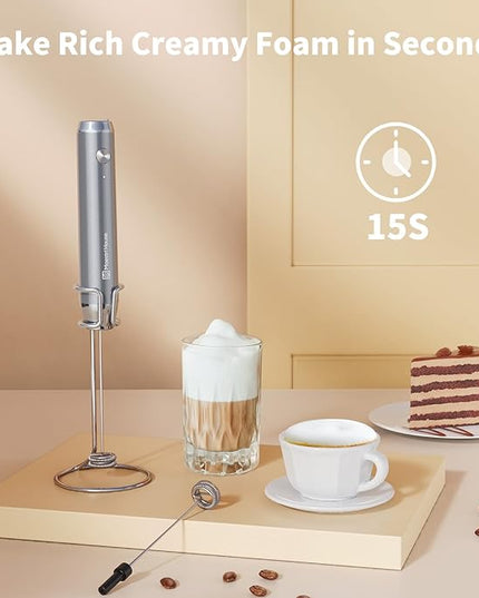 Maestri House Rechargeable Milk Frother with Stand, LunaFro Handheld Electric Foam Maker Waterproof Detachable Stainless Steel Whisk Drink Mixer Foamer for Lattes, Cappuccino