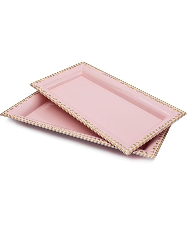 2 Pack Pink Bathroom Vanity Tray for Countertop with Beads, Small Plastic Toilet Tank Versatile Storage Organization Tray for Makeup, Perfume, Desk, Kitchen, Candles, 14"x7"x1", 36P