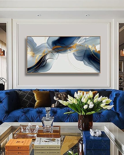 HUADAOART Wall Art Abstract Painting Modern Art Gold and Blue Background Canvas Prints Pictures for Living Room Bedroom Artwork Home Decor Framed 20x40inch (Blue)