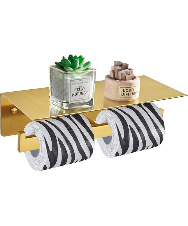 Suyar Toilet Paper Holder Brushed Gold, SUS 304 Stainless Steel Bathroom Double Toilet Paper Roll Holder with Shelf, Wall Mounted