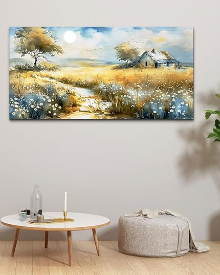 KELIYUAN Wildflower Field Landscape Painting Modern Canvas Print Wall Art Rural Field Mural Artwork Living Room Dining Room Wall Decoation For Bedroom Office Farmhouse Home Decoration 24x48 Inches