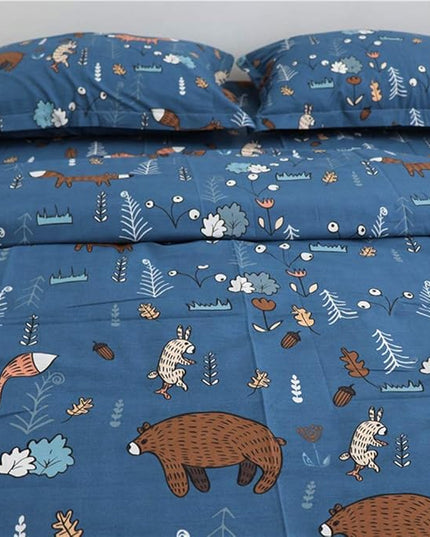 Houseri Blue Bear Twin Comforter Set 3 Pieces Toddler Boys Girls Navy Cartoon Woodland Bedding Sets Comfy Soft Kids Gift Fox Rabbit Forest Animal Painting Breathable Dark Color Bed Quilts Twin Size