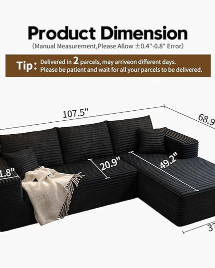 107.5" Cloud Modular Sectional Sofa Couch with L-Shape Chaise,Modern Minimalist Upholstered Couches for Living Room Bedroom,Deep Seat Corner Couch，No Assembly Required (Black,Right Facing Chaise)