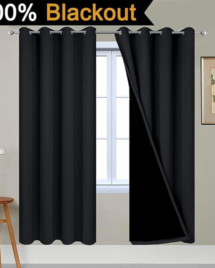 Yakamok 72 Inch Length 100% Blackout Curtains for Bedroom, 2 Thick Layers Thermal Insulated Grommet Total Blackout Drapes with Black Liner for Living Room (52Wx72L,Black, 2 Panels)