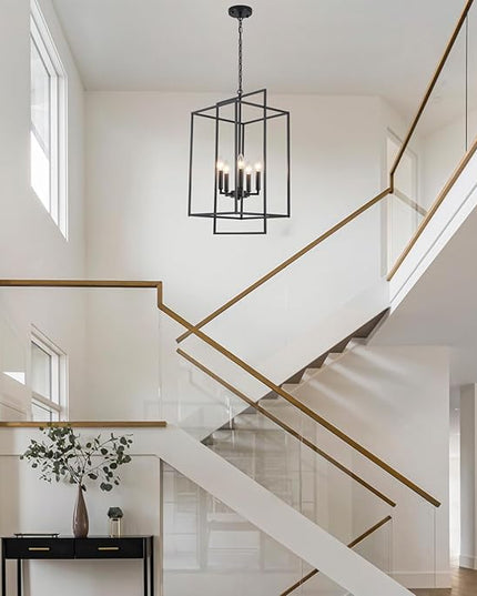 Black Farmhouse Chandelier, Extra Large Foyer Lighting Fixtures 14.17" Lantern Pendant Light, Industrial Foyer Chandelier for Staircase Entryway Hallway Kitchen, Lacquered Black 5 Lights