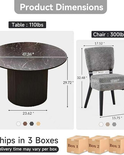 Howtek 5-Piece Modern Dining Room Set, 47" Faux Black Marble Round Dining Table with 4 Gray Space-Saving Upholstered Stackable Dining Chairs, Kitchen Table and Chairs Set for Home