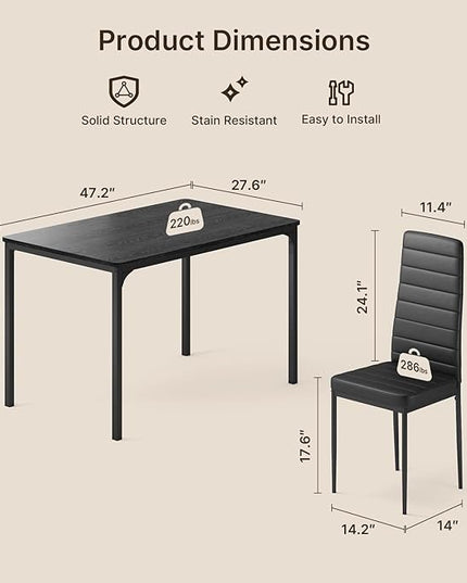 Gizoon Dining Table Set for 4, Kitchen Table Chairs Set of 4, 5 Piece Kitchen Table Set with 4 Upholstered PU Leather Chairs for Dining Room, Living Room, Apartment, Small Space, Black