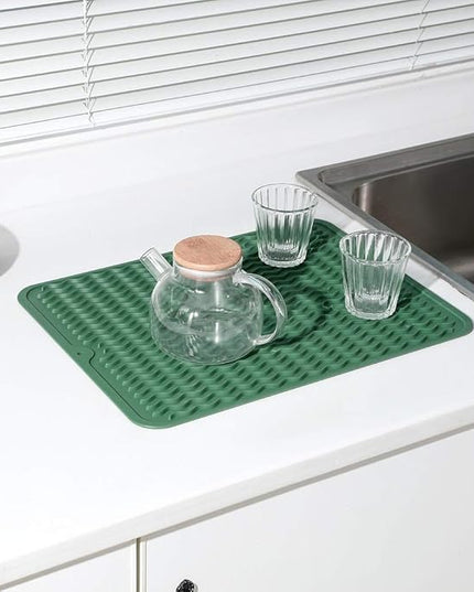 Silicone Dish Drying Mat for Multiple Usage,Easy clean,Eco-friendly,Heat-resistant Silicone Mat for Kitchen Counter or Sink,Refrigerator or drawer liner Green L 16 inches x 12 inches