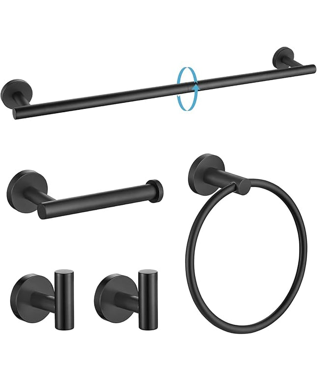 TURS Matte Black Bathroom Hardware Set 5 Piece, SUS304 Stainless Steel Bath Towel Bar Set, 24 Inch Bathroom Accessories Kit Wall Mounted