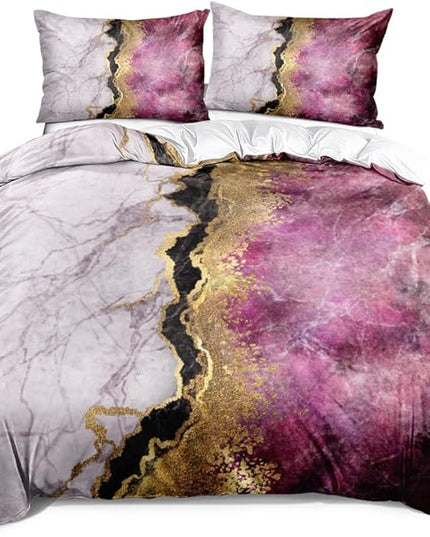 Pink Marble Duvet Cover Set Queen Size Sequin Gold Bedding Comforter Covers with 2 Pillow Shams Girls Decor Bedroom Bed Set Breathable Durable Soft Comfy