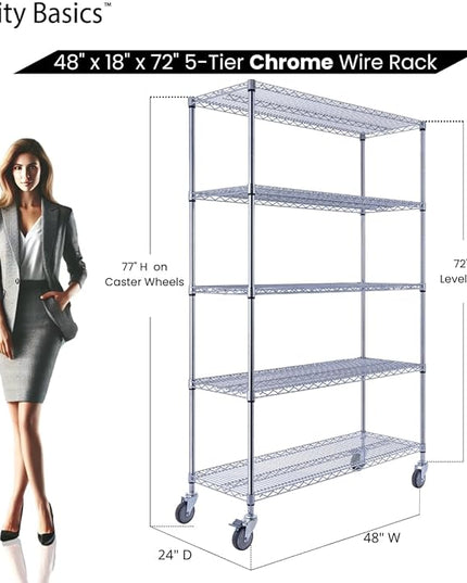 NSF Commercial 5-Tier Wire Shelving with Wheels, 48"x18"x72" Heavy Duty Metal Shelves 4000 lbs Max Capacity, Chrome Storage Rack for Garage Kitchen Pantry Warehouse