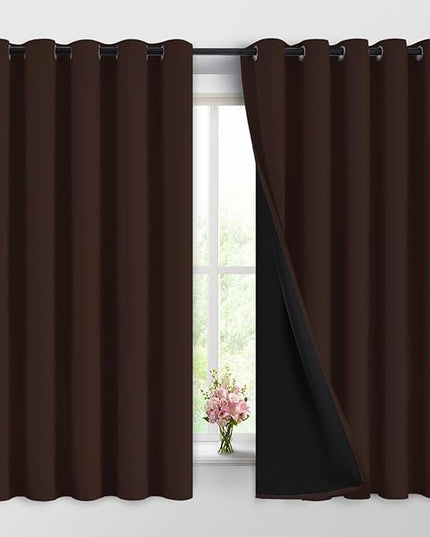 Yakamok 100% Blackout Curtains for Bedroom, 2 Thick Layers Thermal Insulated Grommet Total Blackout Drapes with Black Liner for Living Room (62Wx63L,Chocolate Brown, 2 Panels)