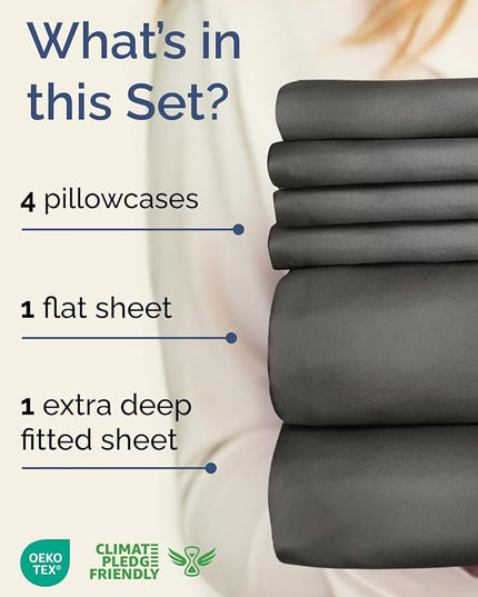 Extra Deep Full Sheet Set - 6 Piece Breathable & Cooling Sheets - Hotel Luxury Bed Sheets Set - Easy & Secure Fit - Soft, Wrinkle Free & Comfy Sheets Set - Charcoal Sheet Set with Extra Deep Pockets