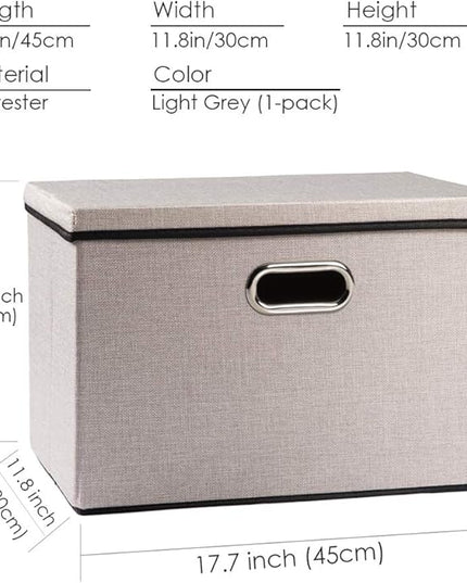 PRANDOM Large Foldable Storage Bin with Lid [1-Pack] Linen Fabric Decorative Storage Box Organizer Container Basket Cube with Handles Divider for Closet Office Living Room Light Grey(17.7x11.8x11.8)