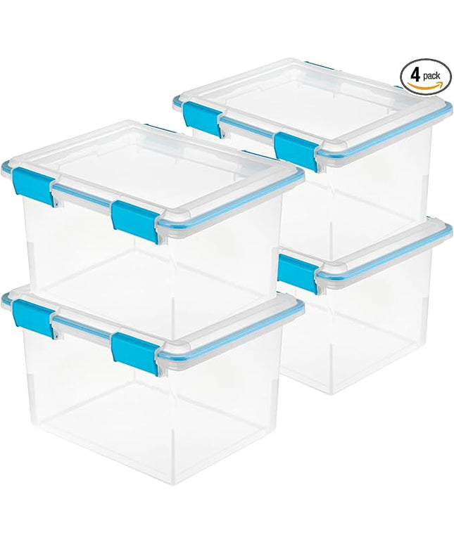 Sterilite 4-Pack Gasket Box, Weather-Resistant Storage Bins with Latching Lids, 32 Quart - Heavy-Duty Organizing Containers for Closet, Bathroom, and Office