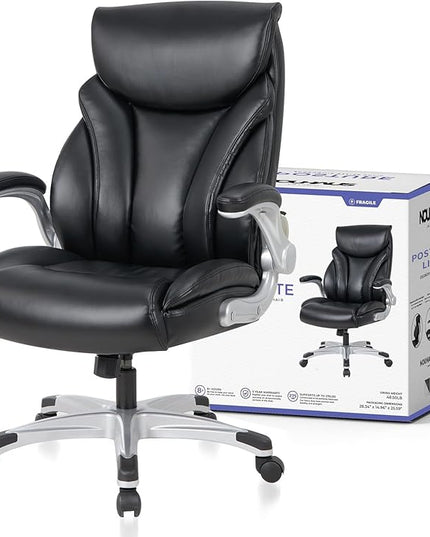Nouhaus Big and Tall Desk Office Chair with Lumbar Support, High Back PU Leather Ergonomic Office Chair, Executive Desk Chair Computer Chairs with Adjustable Flip-up Armrests (Posture Lite,Black)