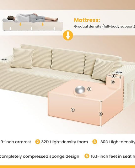 Bashaw 108" Cloud Sectional Couch Sofa with L-Shape Chaise, Modern Modular Sofa Couch Upholstered Couches for Living Room Bedroom, No Assembly Required (Beige, Right Facing Chaise)